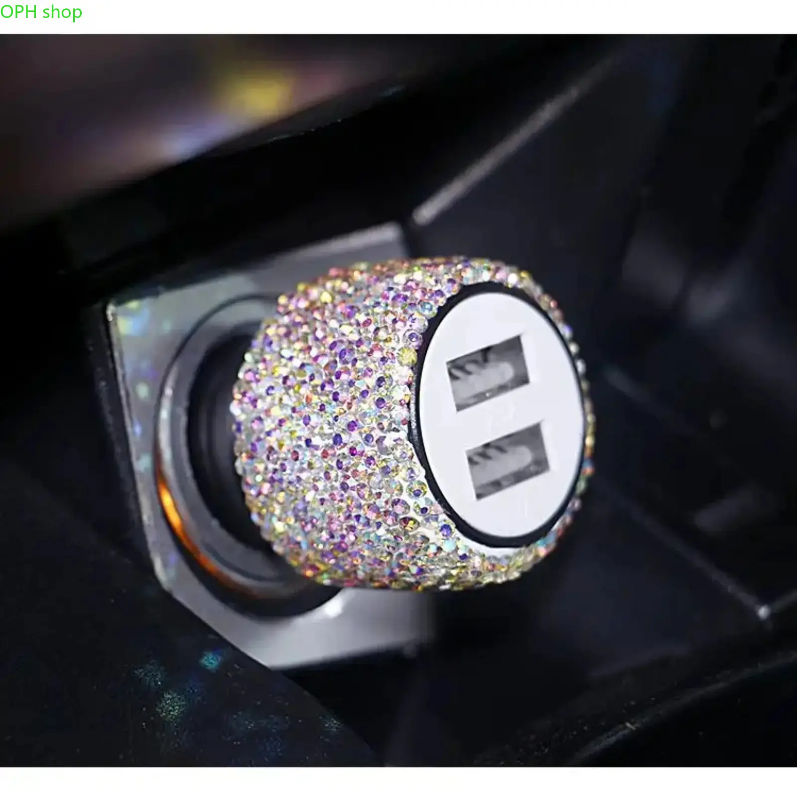 Bling Rhinestone Automotive Charger for Women - Diamond Design 2-USB Fast Charging Adapter, USB-Powered Charging, Emergency Safety Hammer, Car Gadgets, Polyester Car Accessory