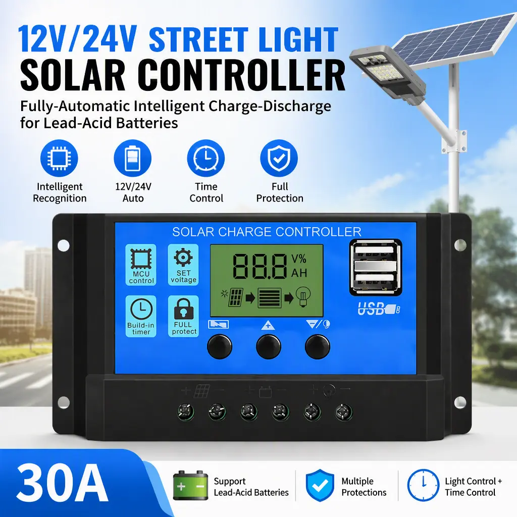 Lead‑Acid Battery Solar Controller 12V 24V, Fully‑Auto Intelligent Charge‑Discharge System for Street Lamp