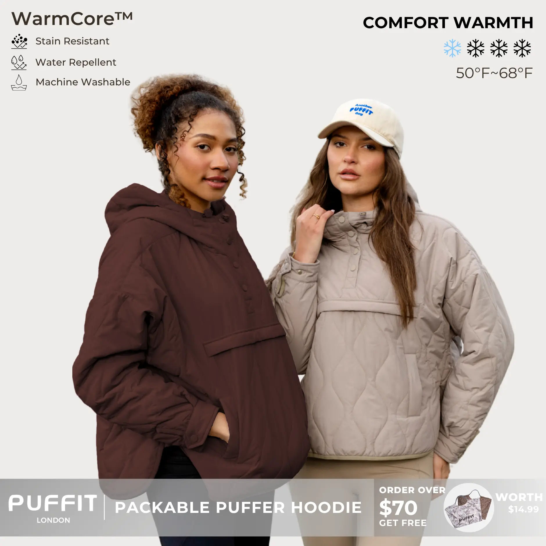 PUFFIT WarmCore Premium Women's Packable Baggy Fall Puffer Hoodie Coat Comfortable Quilted Lightweight & Warm Womenswear Water Repellent and Stain-Resistant Jacket Outerwear with Large Pocket,Plus Size Fit Spring,Dog Walking,School Running,Football Mum