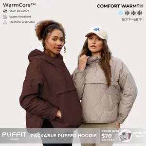 PUFFIT WarmCore Premium Women's Packable Baggy Fall Puffer Hoodie Coat Comfortable Quilted Lightweight & Warm Womenswear Water Repellent and Stain-Resistant Jacket Outerwear with Large Pocket,Plus Size Fit Spring,Dog Walking,School Running,Football Mum