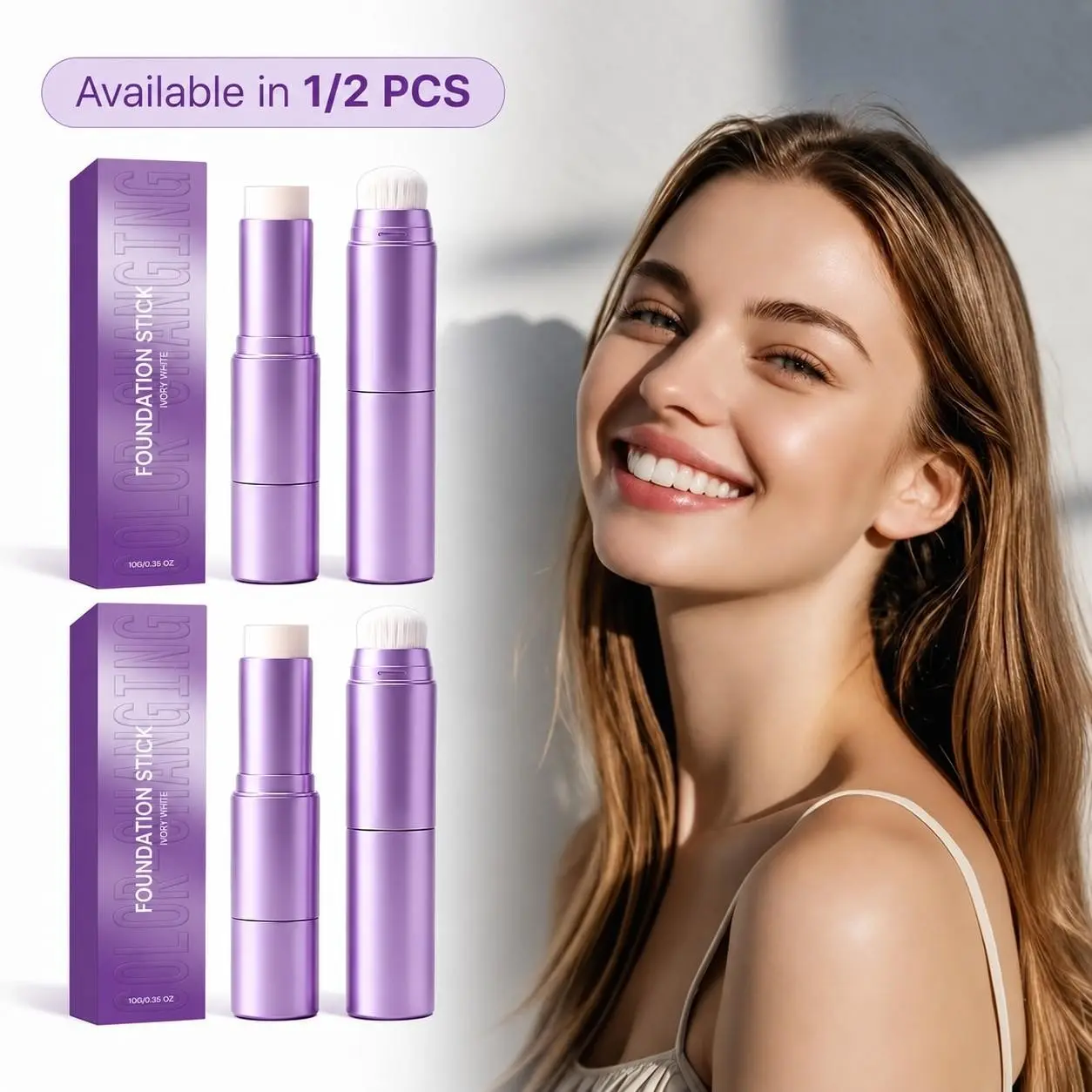 2 in 1 Color-Changing Foundation Stick with Brush, Smooth Blendable Face Makeup, Buildable Coverage, Ivory White Finish, 10g, 1/2PCS