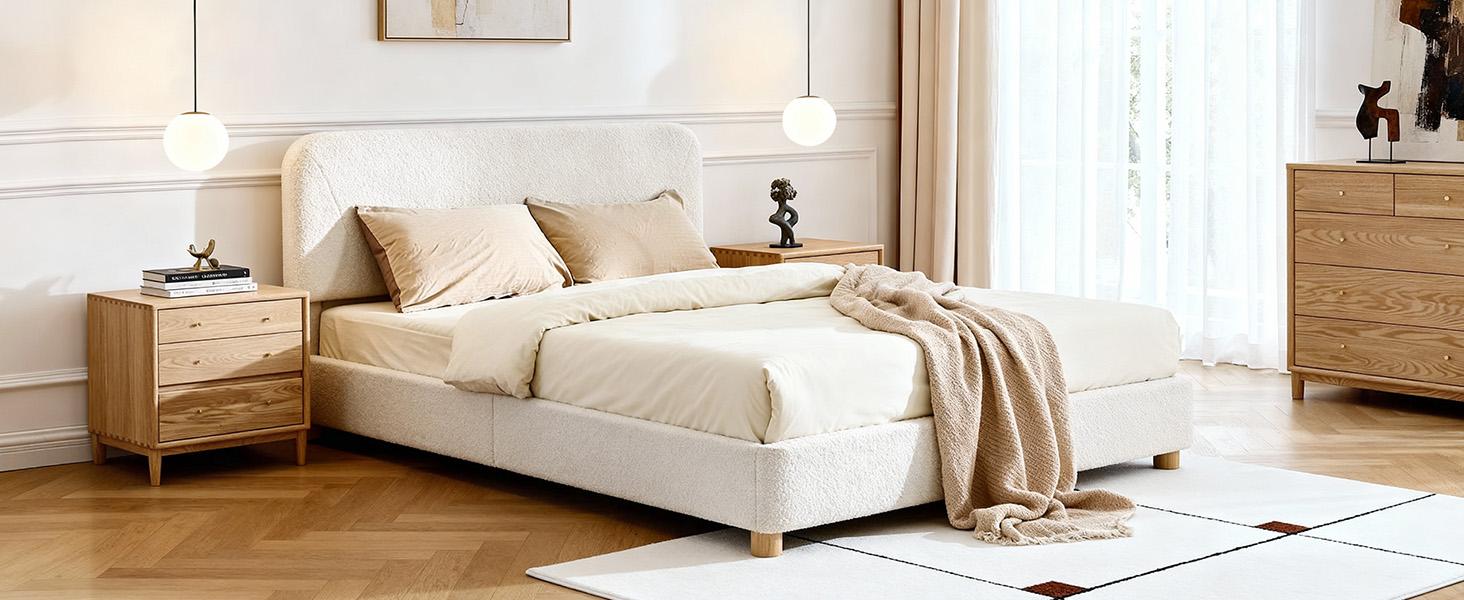 Queen Size Cloud Bed Frame, Soft Boucle Bed Frame with Adjustable Headboard, Solid Wood Legs, Rounded Corners Design & Easy Assembly – Modern Platform Bed,Cream