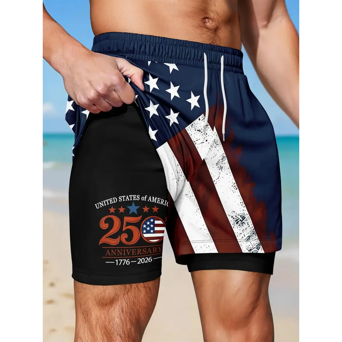 Men's Two-In-One Quick-Dry Beach Shorts, USA 250th Anniversary Flag Print Drawstring Casual Drawstring Swim Shorts