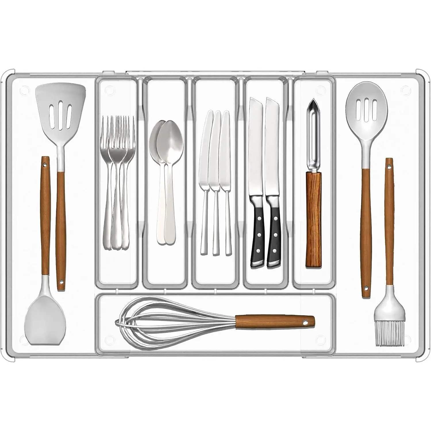 Silverware Drawer Organizer, Expandable Utensil Tray for Kitchen Drawers, Flatware and Cutlery Holder,Adjustable Plastic Storage for Utensil like Spoons, Forks, .Clear