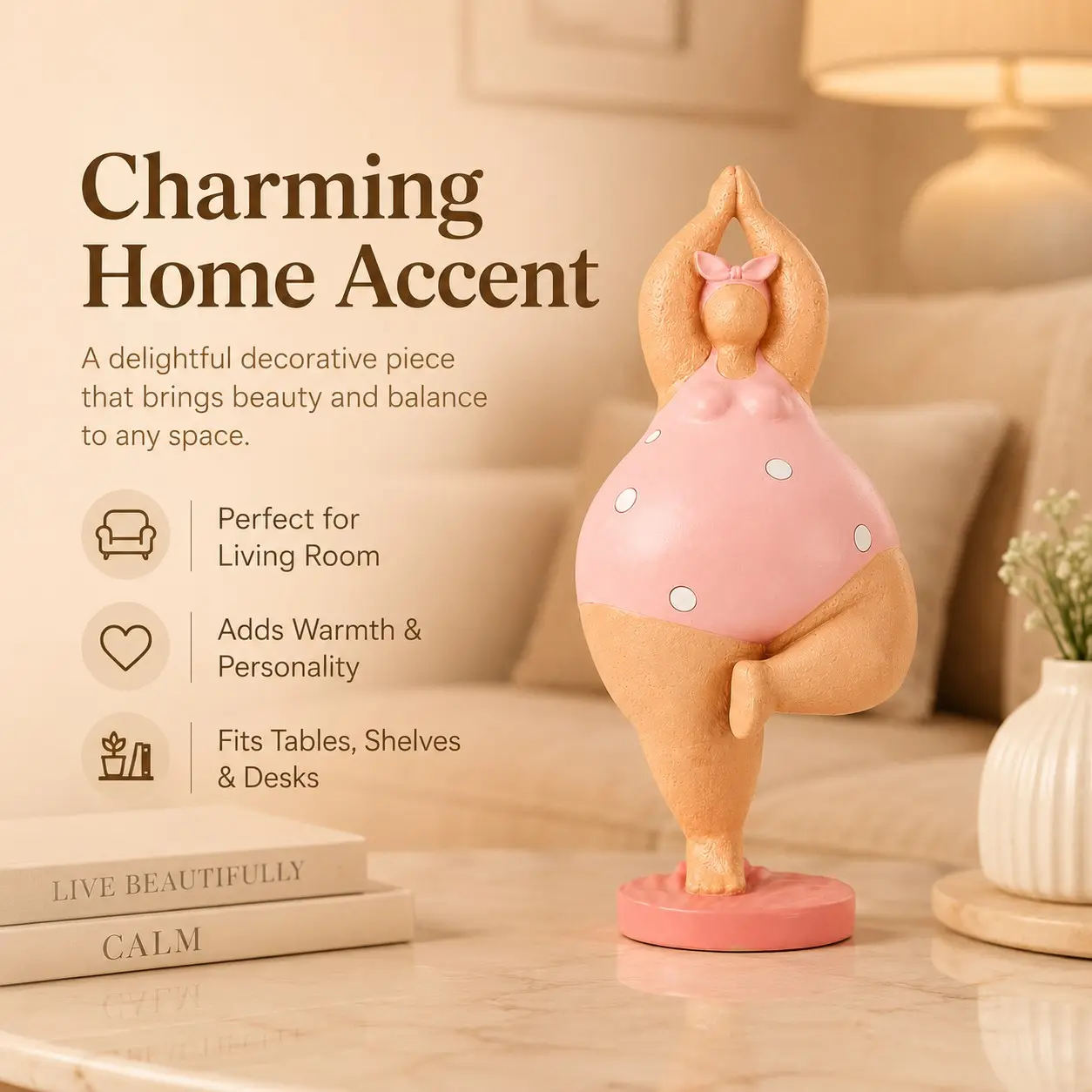 Curvy Yoga Lady Figurine, 9.84 Inch Resin Statue in Tree Pose, Polka Dot Body-Positive Sculpture, Home & Office Decor