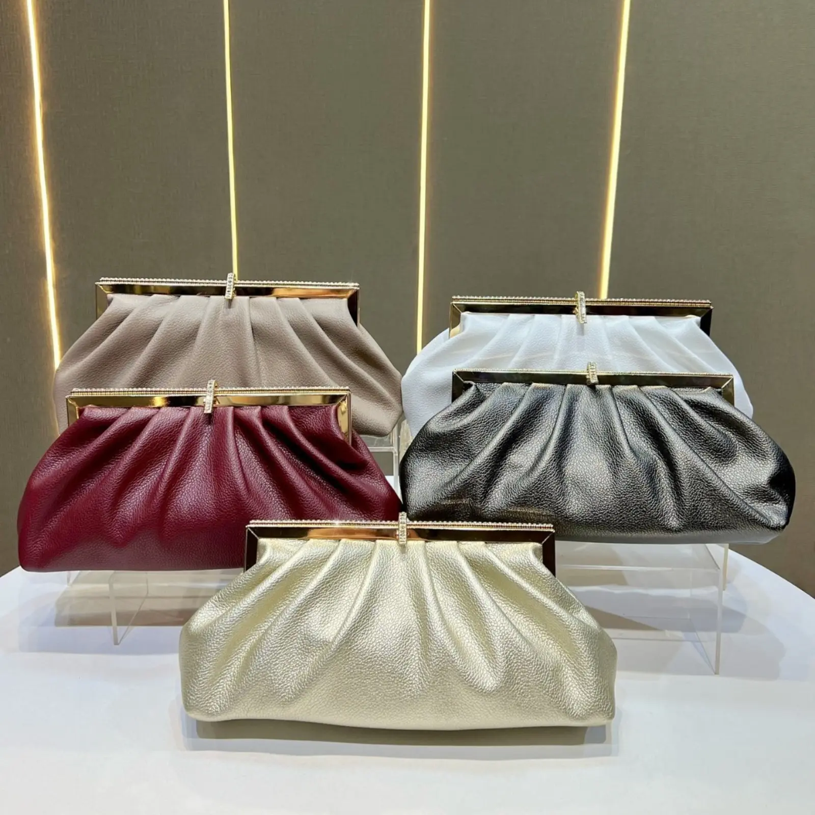 Women's Soft Leather Clutch Bag - Ruched Frame, Viral Rhinestone Kiss Lock, Pleated Formal Handbag with Detachable Chain Crossbody, Large Capacity for Wedding, Daily Use (Handbags for Women, Formal Look Gift), Bags, Pleated Texture, Kisslock Purses