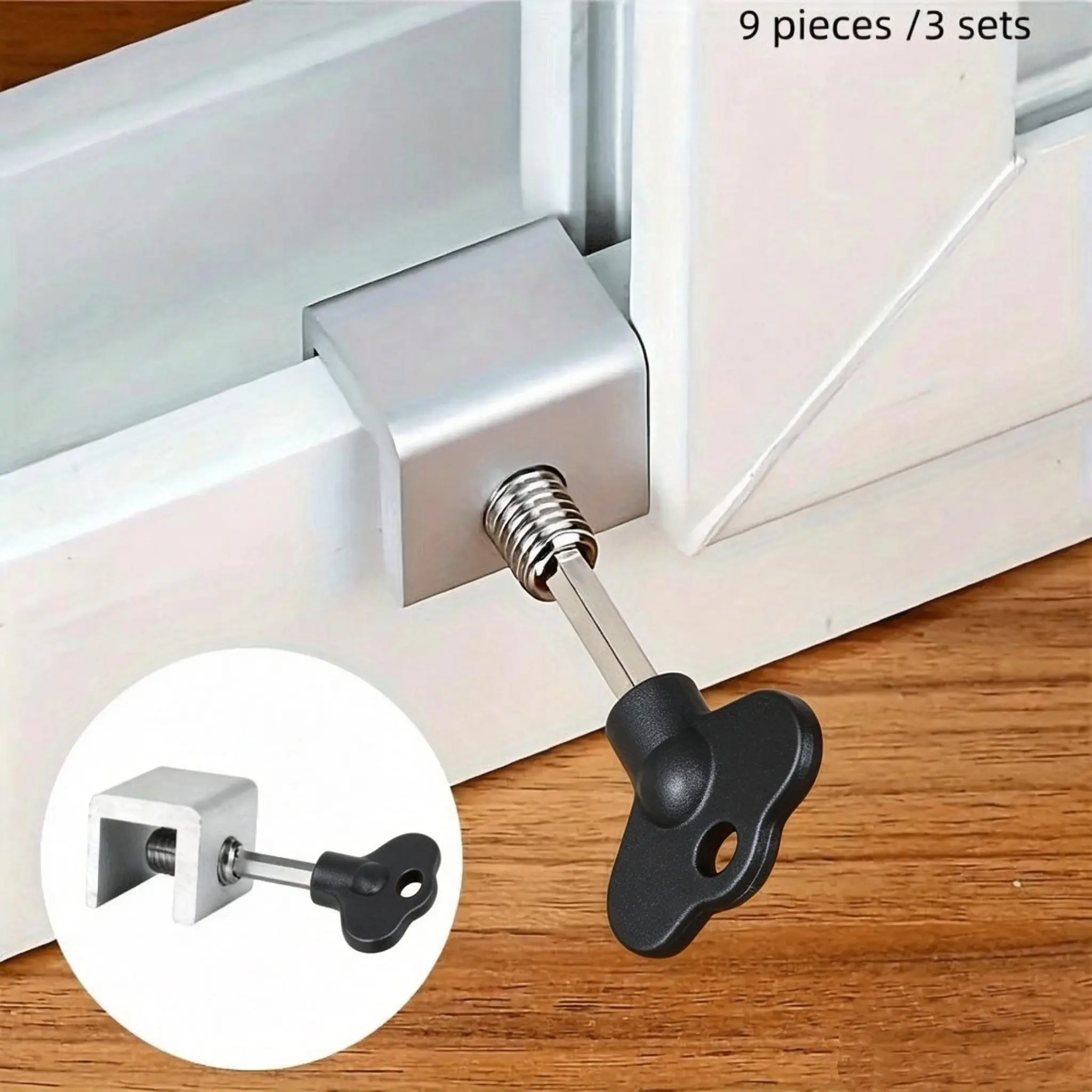 9 Pieces/3 Sets Door and Window Limit Clips, Sliding Window Lock with Protective Pad, Key Lock, Metal Structure, No Drill, Easy Install