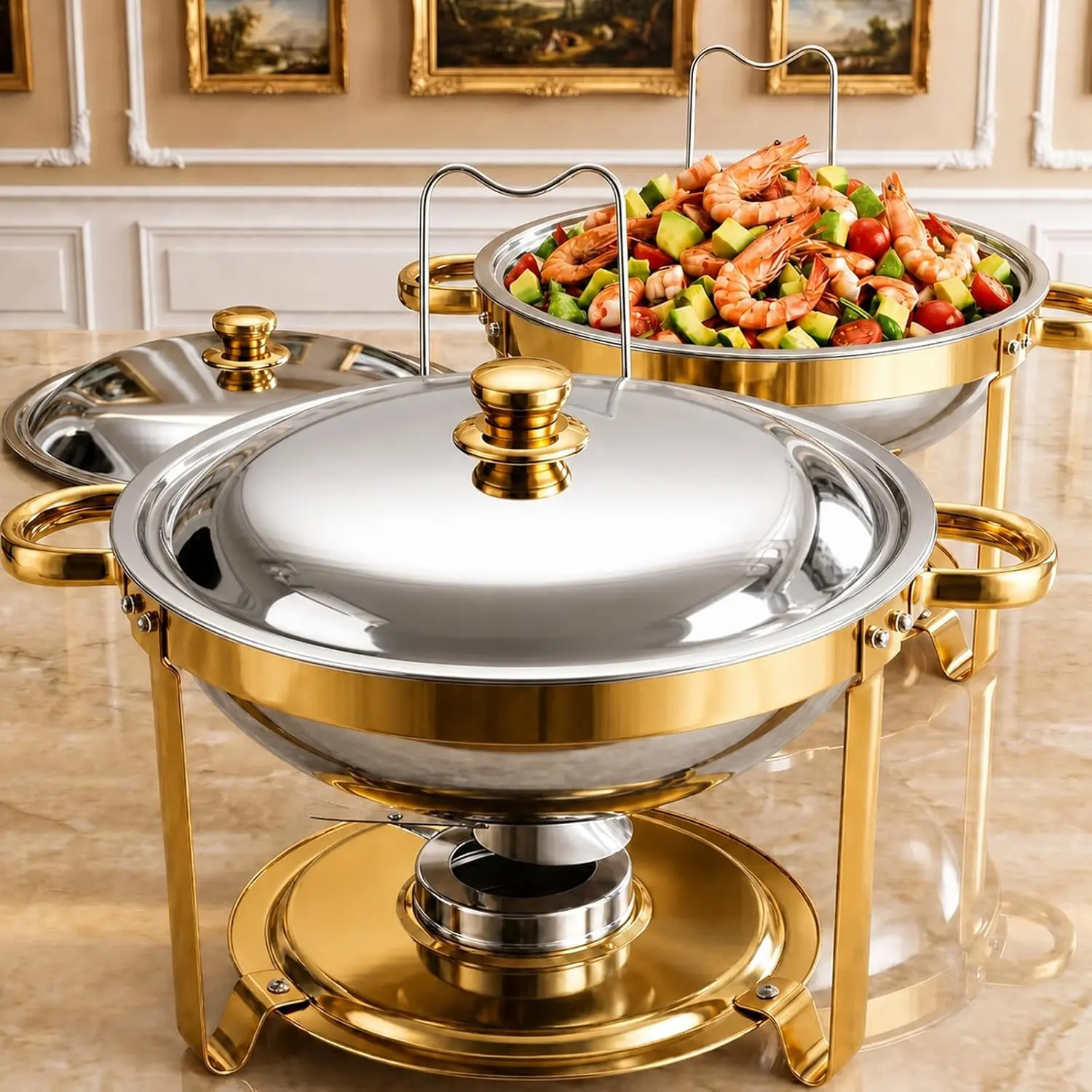 2 Pack Chafing Dishes for Buffet, 6QT Round Stainless Steel Chafing Dish Set Golden -  Warmers for Party Catering Christmas  Gathering, Buffet Servers and Warmers