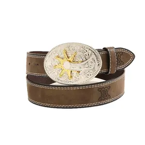 Men’s Western Cowboy Belt with Gold Star Buckle & Tooled Floral Pattern