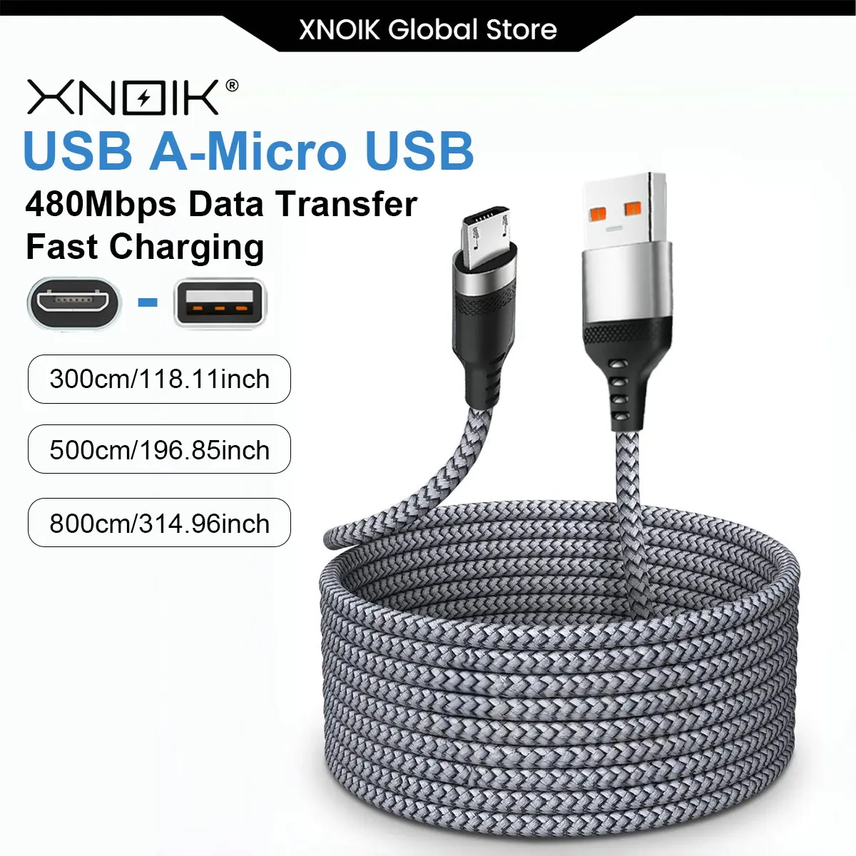 3m 5m 8m Long Micro USB Data Cable, Efficient File Transfers, USB-A to Micro USB Nylon Braided Charging Cable, Gold Plated Connector, High-Speed USB 2.0 for Android, Ps4, Power Bank