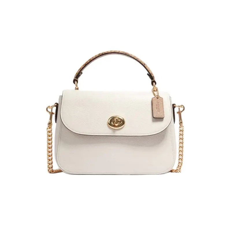COACH Marlie 24 Knob-Flap Crossbody Bag for Women, Snake-Print Strap, Chain Detail, Leather, Medium Square Cambridge Bag, White