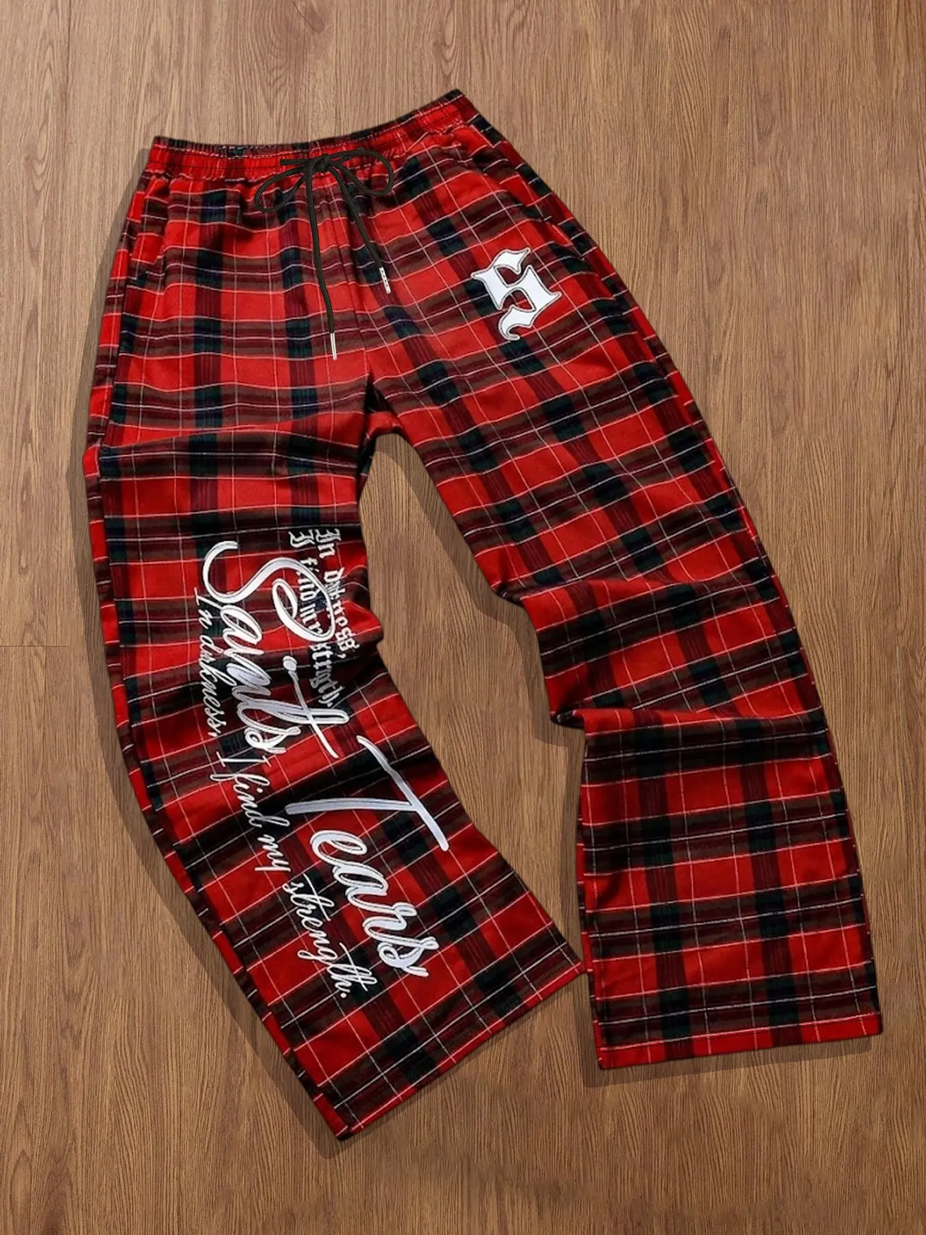 Men's American Vintage Plaid Wide Leg Pants, Chicano Script Print, Elastic Drawstring Waist, Loose Fit, Street Style