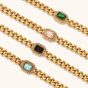 Hypoallergenic Waterproof Curb Chain Unisex Bracelet, 18K Gold Plated Titanium Steel Rectangular Cubic Zirconia Retro Stackable Jewelry, Matching Necklace Set