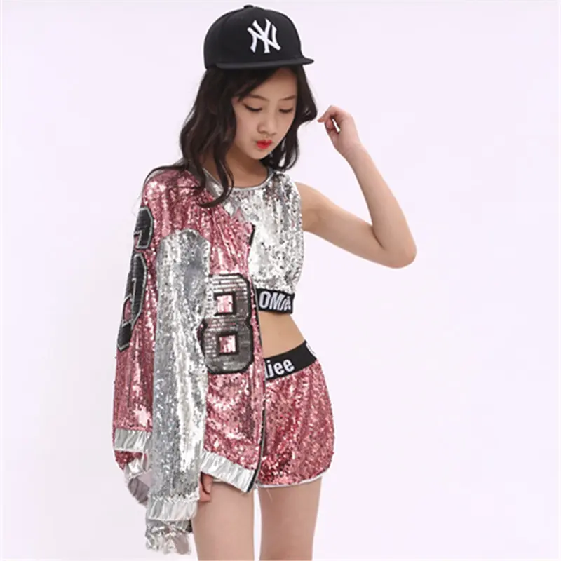 QYGirls' Sequin Fabric Dance Costume - Sparkling Look Hip Hop Dance Dress, Modern Jazz Dancing Outfit for Ages 4-16, Cold Wash