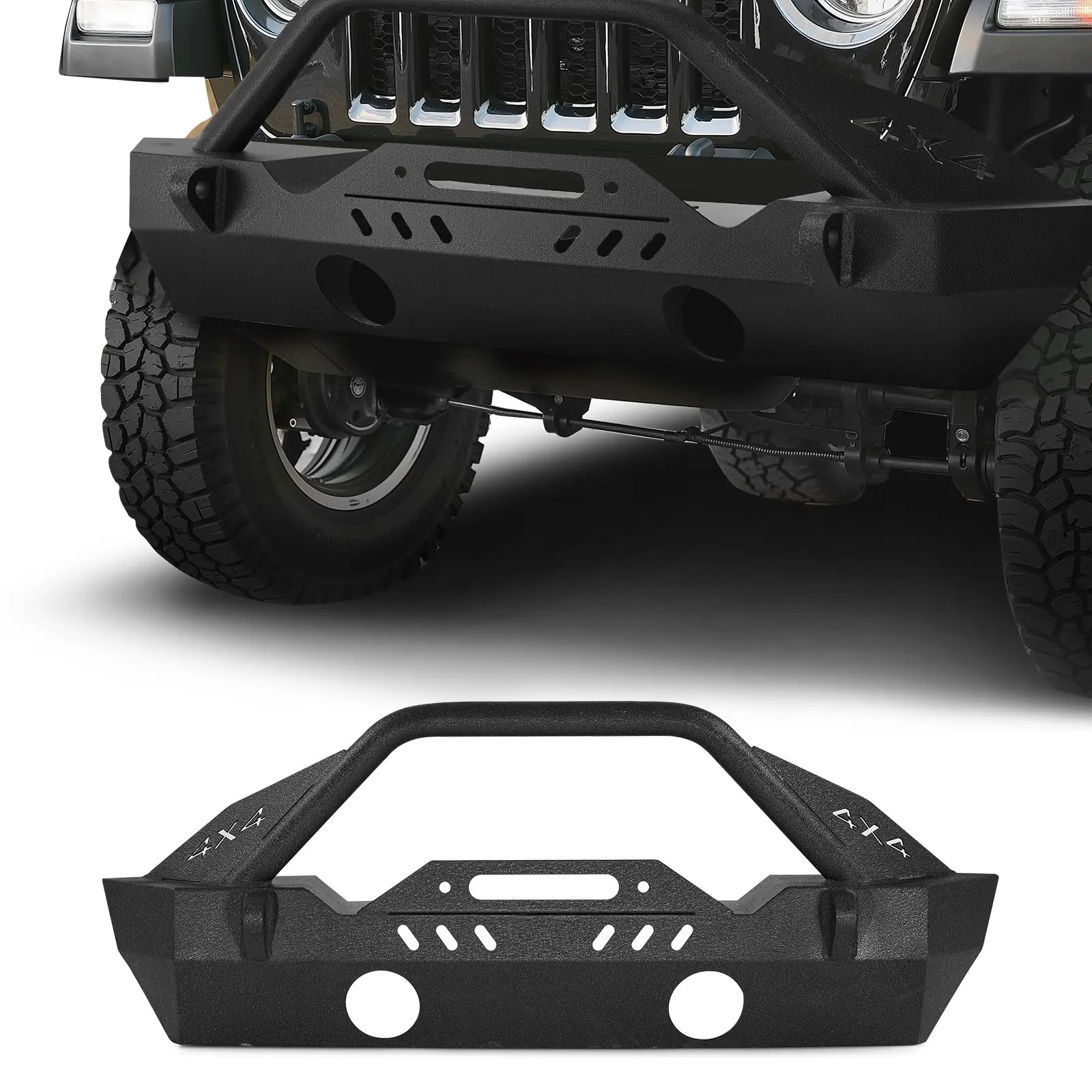 VEVOR Front Bumper Compatible with 2018-2024 Jeep Wrangler JL JLU Gladiator JT, Heavy-Duty Steel Front Bumper with Winch Plate, D-Ring Mounts Fog Light Housing