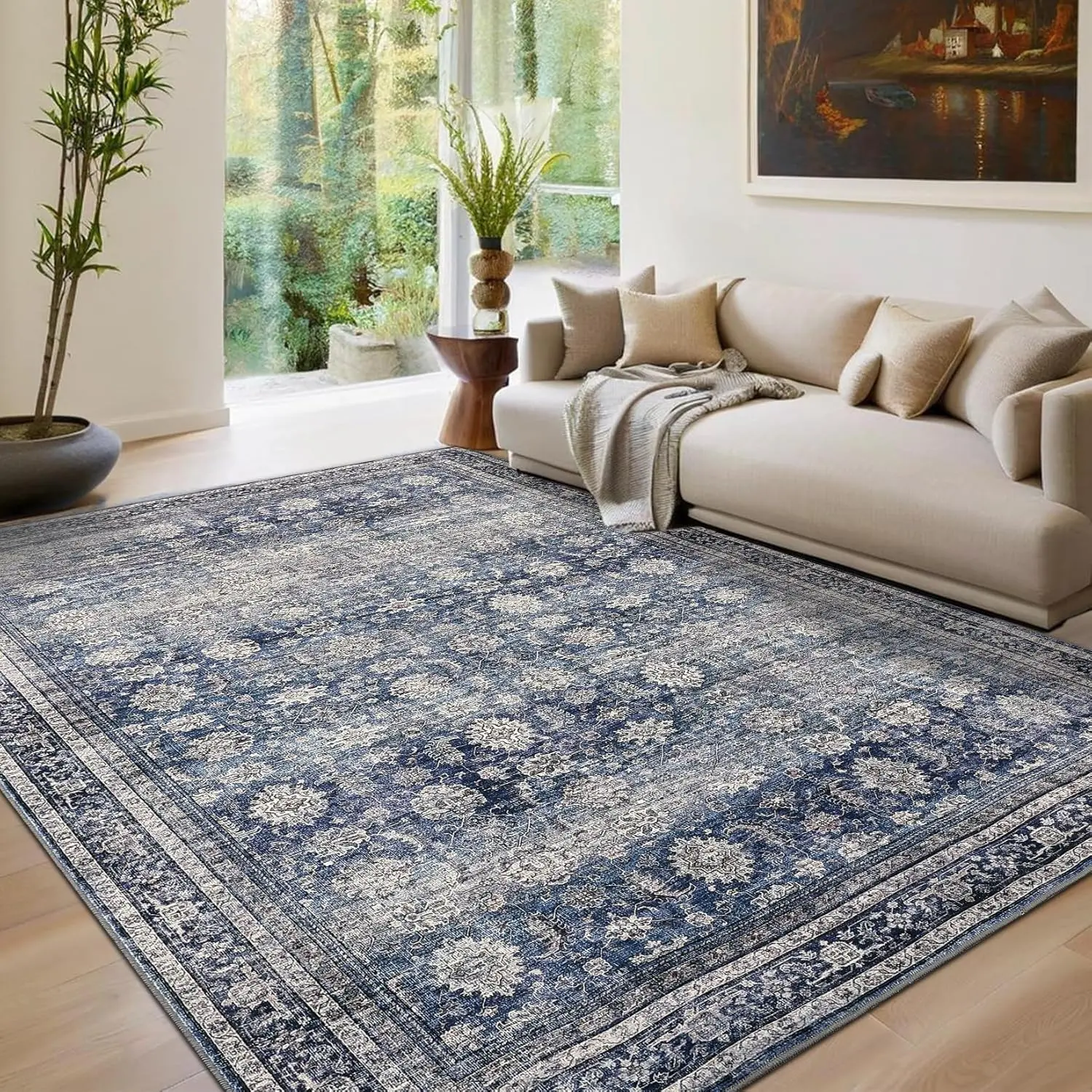 Washable Area Rugs Multiple Sizes Vintage Printed Accent with Non-Slip Backing, Stain-Resistant Oriental Throw Rugs, Farmhouse Low Pile Rugs for Bedroom, Living Room