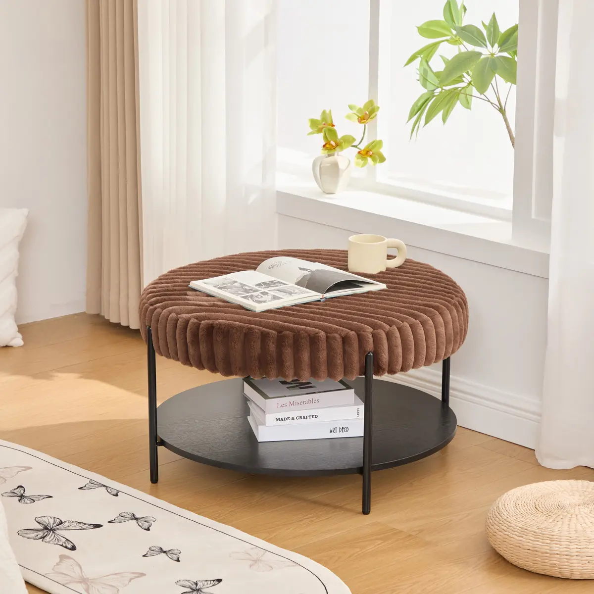 30.9" Wide Brown Industrial Upholstered Round Ottoman Coffee Table - Black Metal Legs, Wooden Open Storage Shelf, Soft Surface, Faux Fur Footstool, Extra Seater, Easy Set-up for Living Room, Bedroom