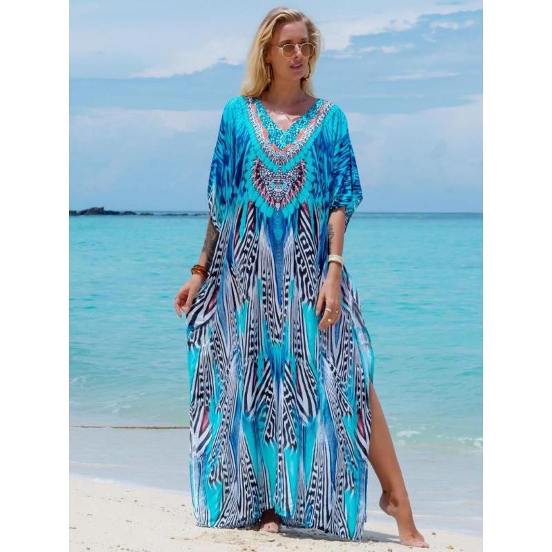 All Over Batwing Sleeve V Neck Maxi Dress,  Moo Moo Dress Summer Designer Clothes, Womenswear Boho Comfort Womenswear Half Sleeve Kaftan for Lady, Holiday Dresses, Clothing for Casual Wear Back To School Moo Moo Dresses