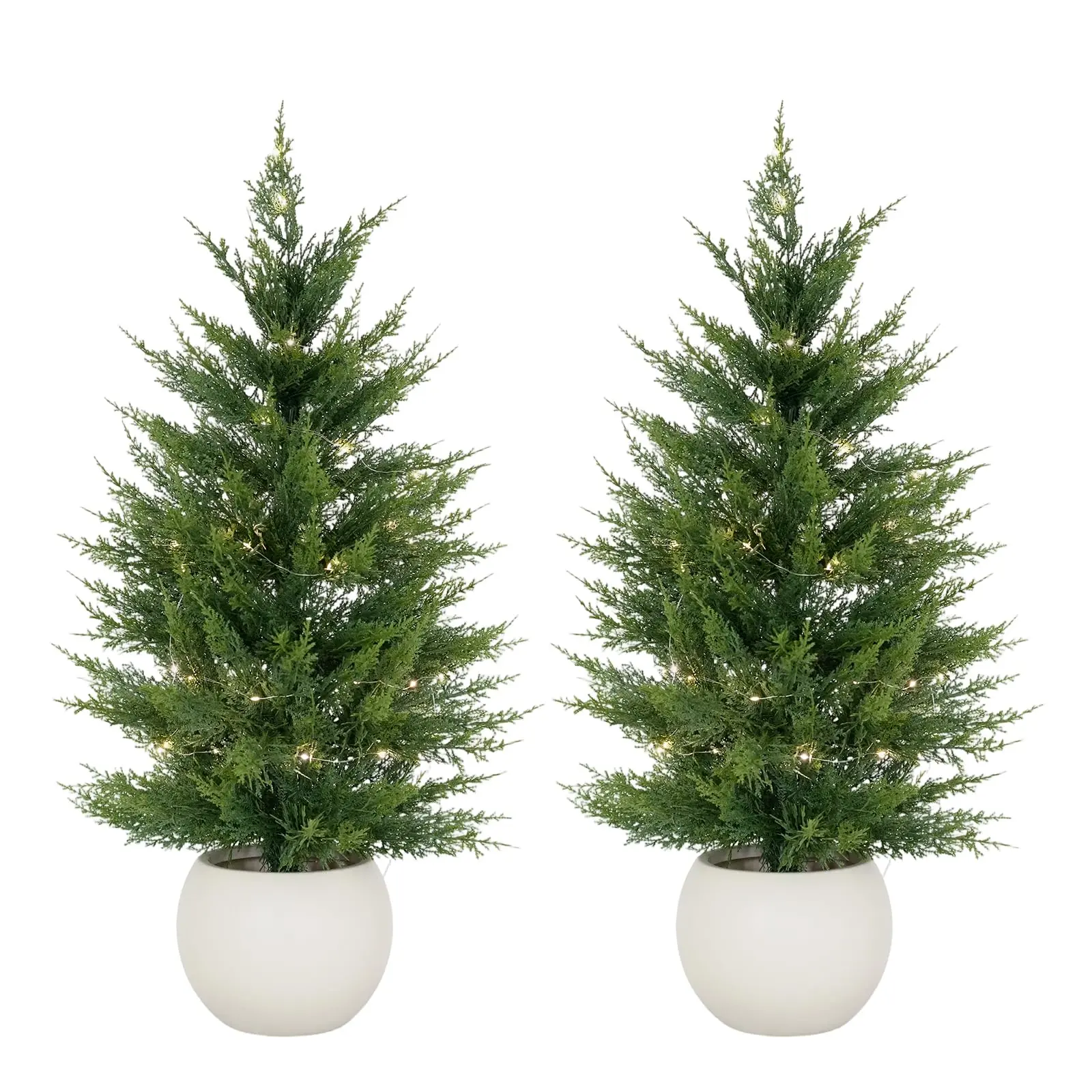 3FT Artificial Cedar Topiary Tree, 2 PCS Fake Cypress Potted Greenery, Faux Evergreen Shrubs For Front Door Living Room Decor, Housewarming Gift