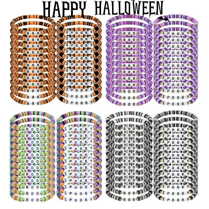 24pcs Spooky Boo Halloween Bracelets | Polymer Clay Beaded Stretch Bracelets, Letter Boho Style, Halloween Jewelry for Women, Party Favors for Family And Friends, Orange And Black