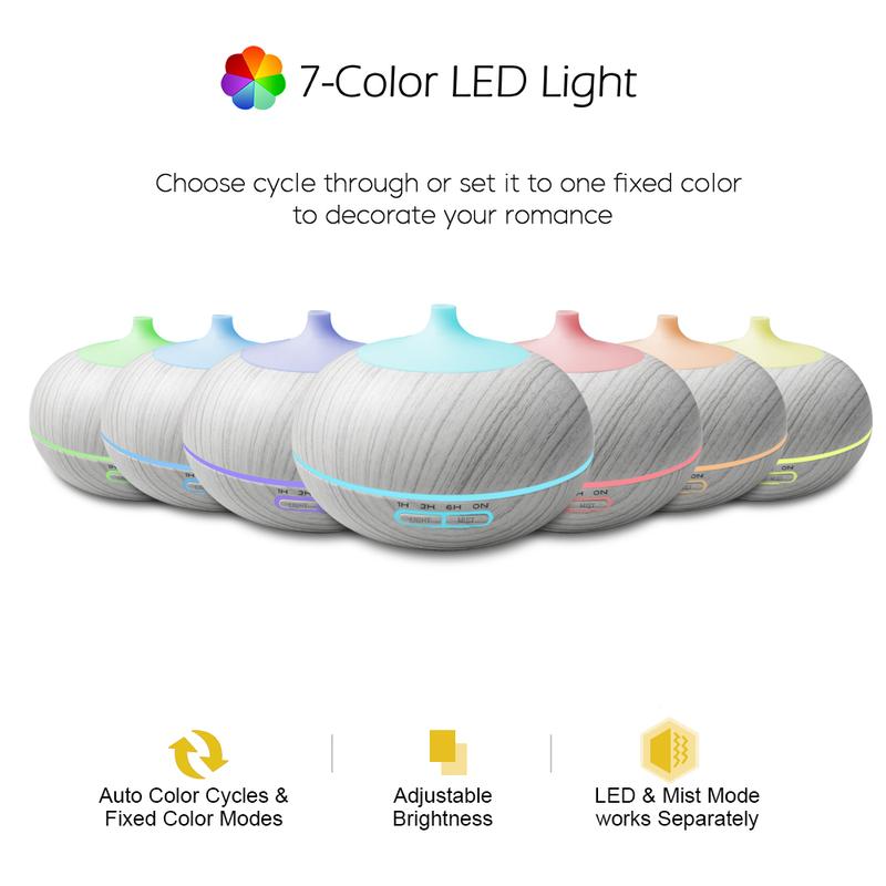 550ml Wood Grain Essential Oil Diffuser, Auto Shut Off, 7 LED Colors, Remote Control Humidifier, 6 Oil Set
