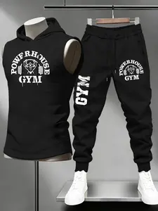 Men's Street Style Fitted Print Suit, Sleeveless Hooded Tank Top + Drawstring Pants Set, Gym Outfit, Fitness Clothing, Sports Suit, Durable for High-Intensity Training & Casual Wear