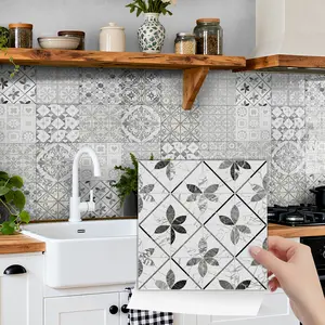 24PCS NHZ Black White Marble Geometric Leaf Tile Stickers, PVC Crystal Film, Waterproof Oilproof, Self-Adhesive, Removable No Residue, Easy Clean, Glossy Finish, for Kitchen Bathroom Bedroom Home Decor