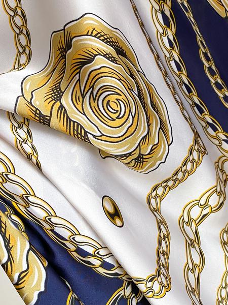 Elegant Floral Print Robe Set with Shawl Collar Dress, Long Scarf Headband for Women, Beach Sun Protection Satin Silk Fabric