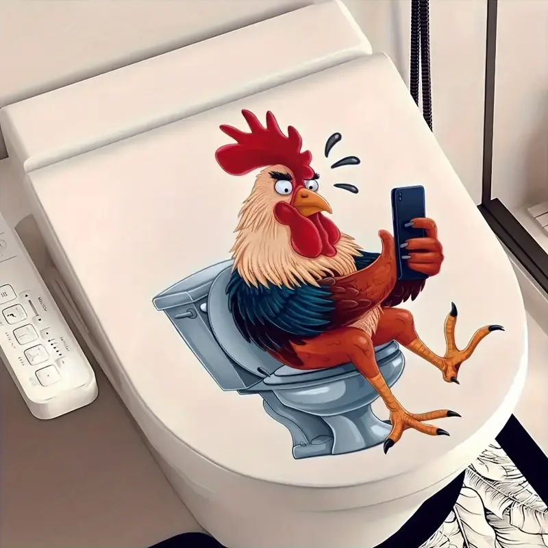 Funny Rooster Phone Toilet Lid Decal, Self Adhesive Reusable Bathroom Wall Sticker, Multi-scene Decor For Fridge And Smooth Hard Surfaces, Waterproof Removable No Residue Humorous Home Decor Sticker