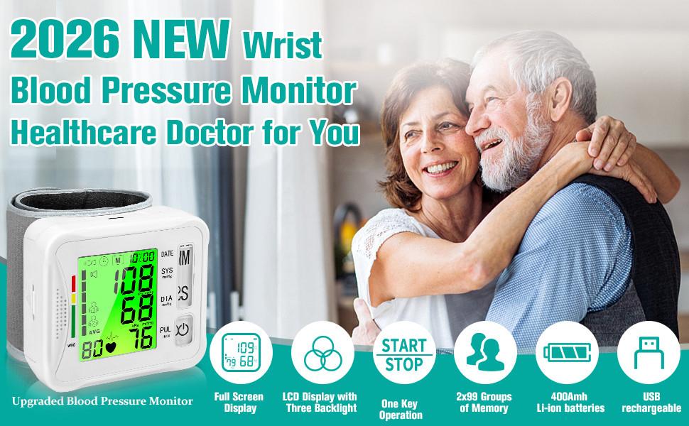Wrist Blood Pressure Monitor 2026 Upgraded Digital BP Machine with Tri-Backlit Display, Automatic Wrist Blood Pressure Monitor Pulse Rate Monitoring, USB Rechargeable, 2x99 Memory Readings
