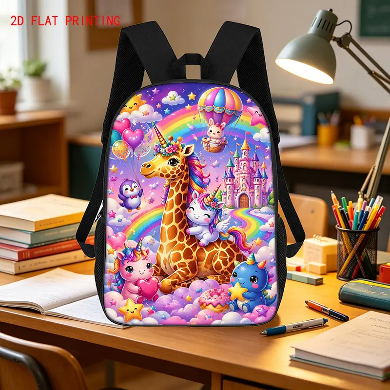 This "Magical Rainbow Fantasy World" backpack features cute creatures and offers ample capacity to easily hold your belongings; it includes adjustable shoulder straps and a secure zipper closure. It is suitable for school, daily commuting, and short trips