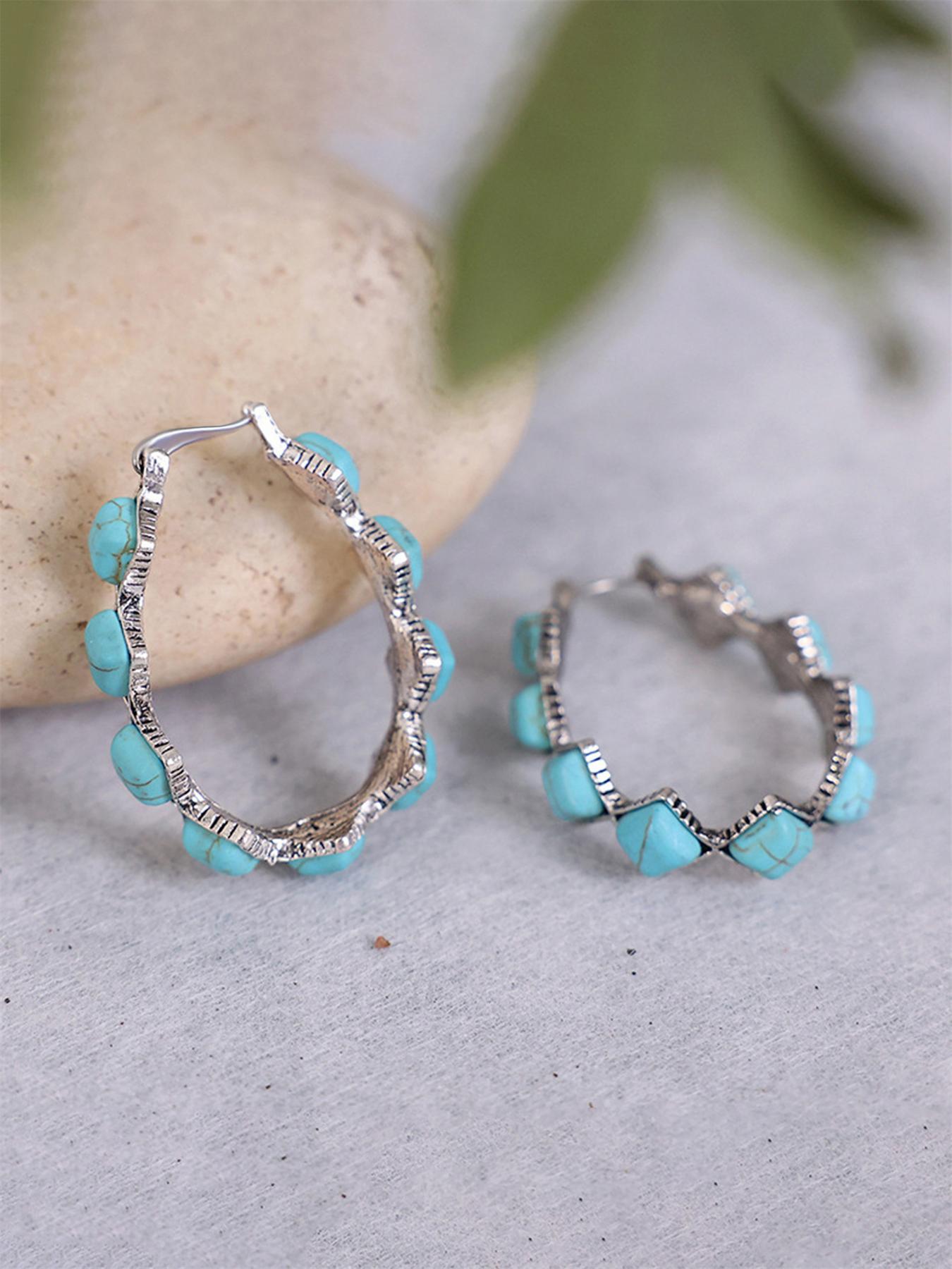Women's Boho Style Turquoise Texture Design Hoop Earrings (1 Pair), Fashion Retro Hoop Earrings for Women & Girls, Trendy All-match Vintage Jewelry As Birthday Gift