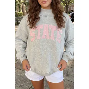 Light Grey Exposed Seam Mock Neck Letter Embroidered Loose Sweatshirt