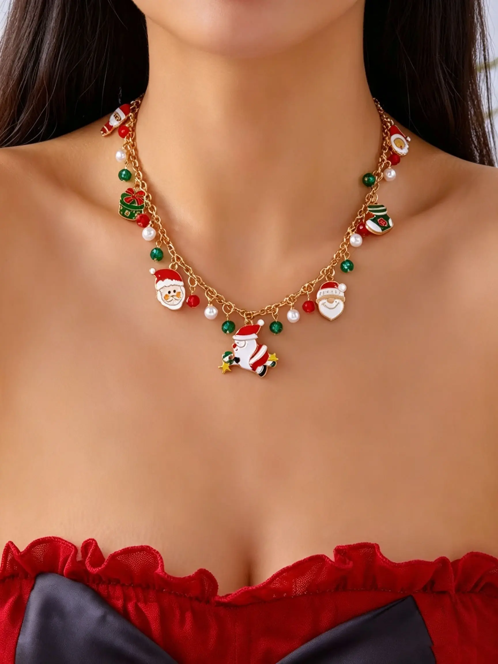 Christmas Charm Necklace for Women, Santa Xmas Tree Snowman Reindeer Pendant, Holiday Party Costume Jewelry Gift, Festive Accessory