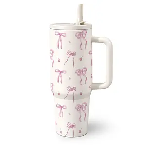 1 Pc 40 Oz Stainless Steel Tumbler with Handle and Folding Straw, Watercolor Pink Bow, Mini Heart Design, Double Wall Insulated Travel Mug, Hot 12H Cold 24H, Valentines Tumbler, Birthday, Valentine's Day, Anniversary or Holiday Gift for Friends