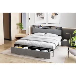 King Size Bed Frame, Upholstered Platform Bed with Storage Headboard & 2 Drawers & Charging Station, Noise-Free, No Box Spring Needed