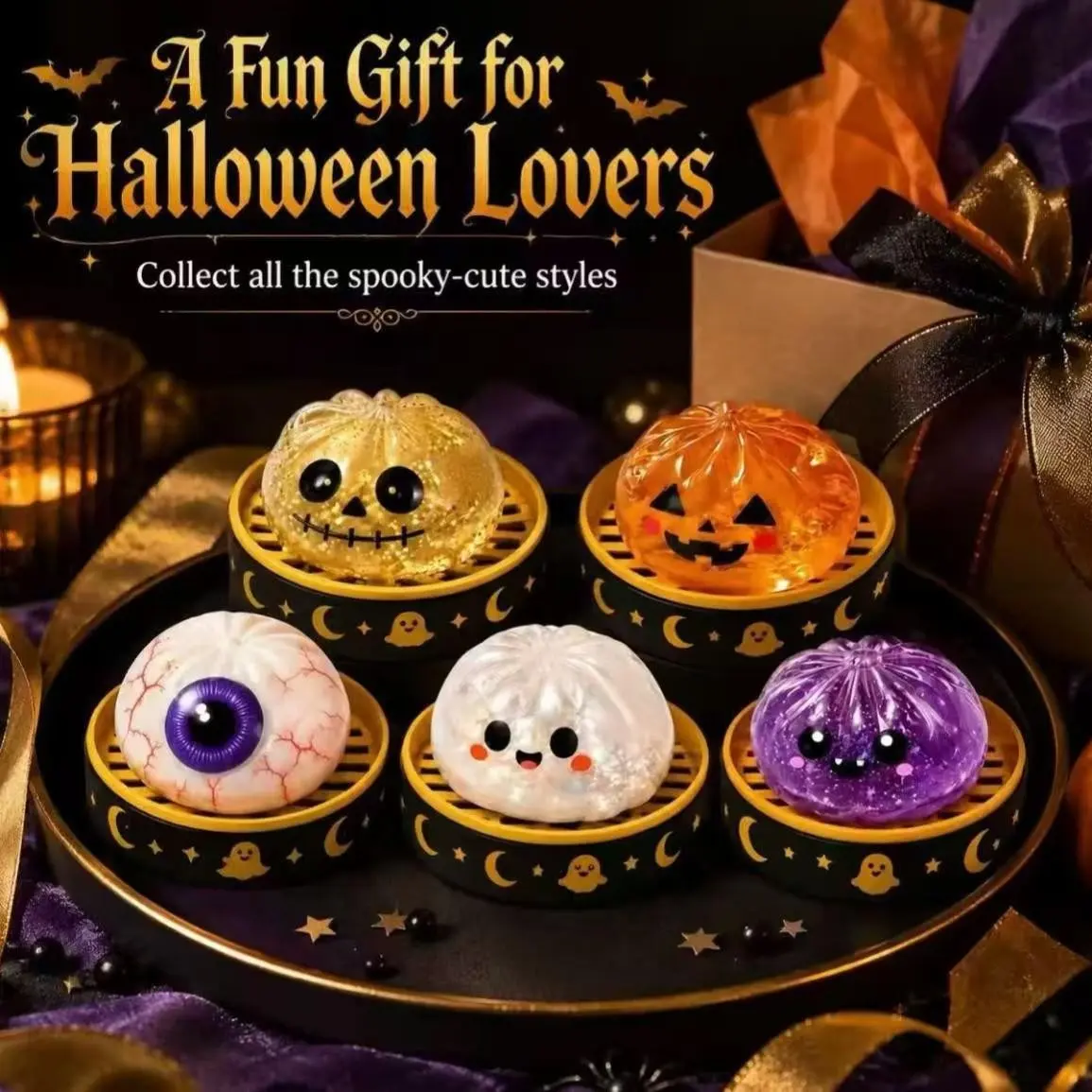 Halloween Glitter Squeeze Dumpling Toy Set, Fun Squishy Toys for Kids & Adults, Perfect Gift for Halloween Parties, Relaxing Sensory Play Ki