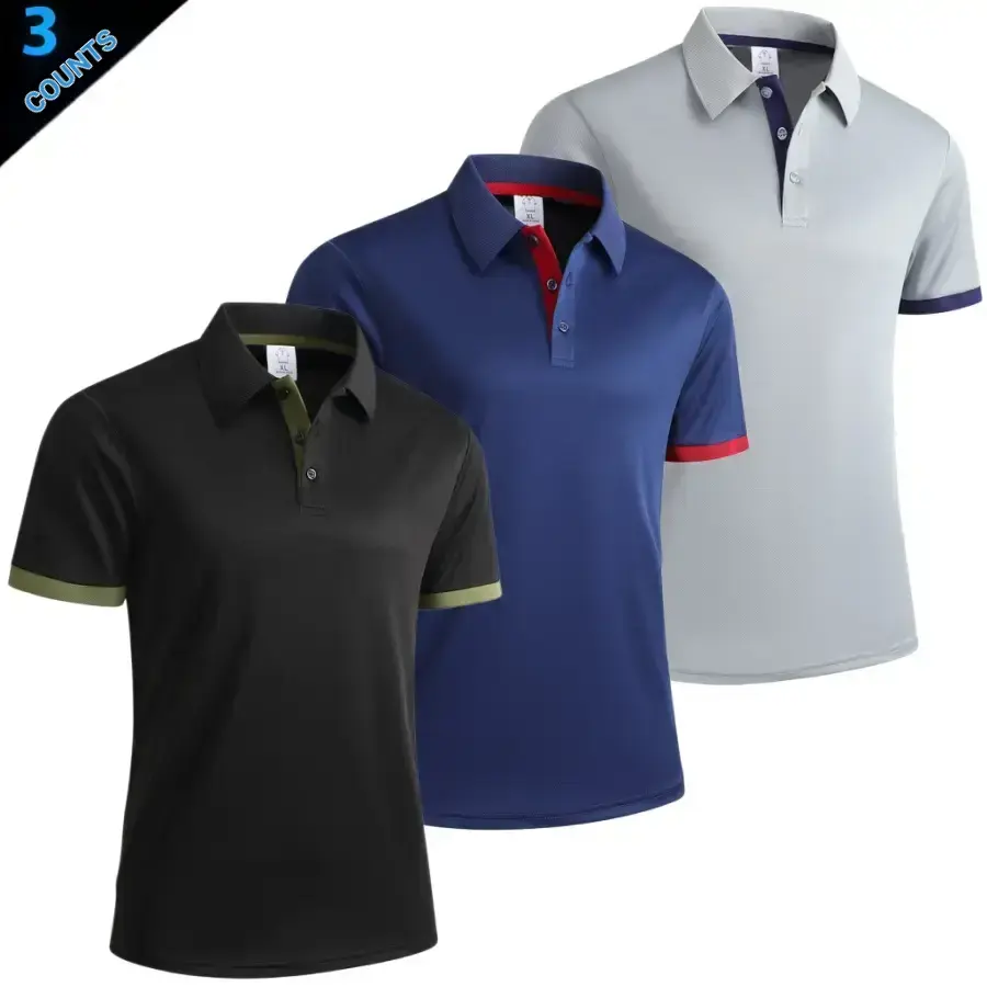Men's Turn-Down Collar Colorblock Dry Fit Polo Shirt - 3-Pack Button Front Polyester Quick-Dry Short Sleeve Casual Sportswear with Contrast Cuff Piping