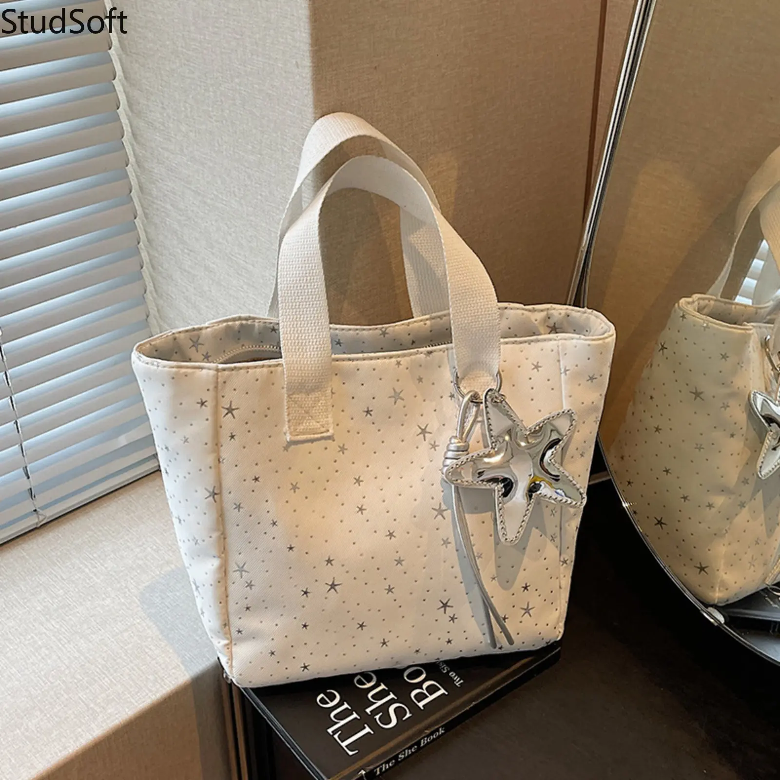 White Tote Bag Star Print Nylon Shoulder Purse Cute Small Puffer Handbag with Starfish Charm Korean Ins Style School Beach, Nylon Fabric, Small Size,back to school,back to school haul