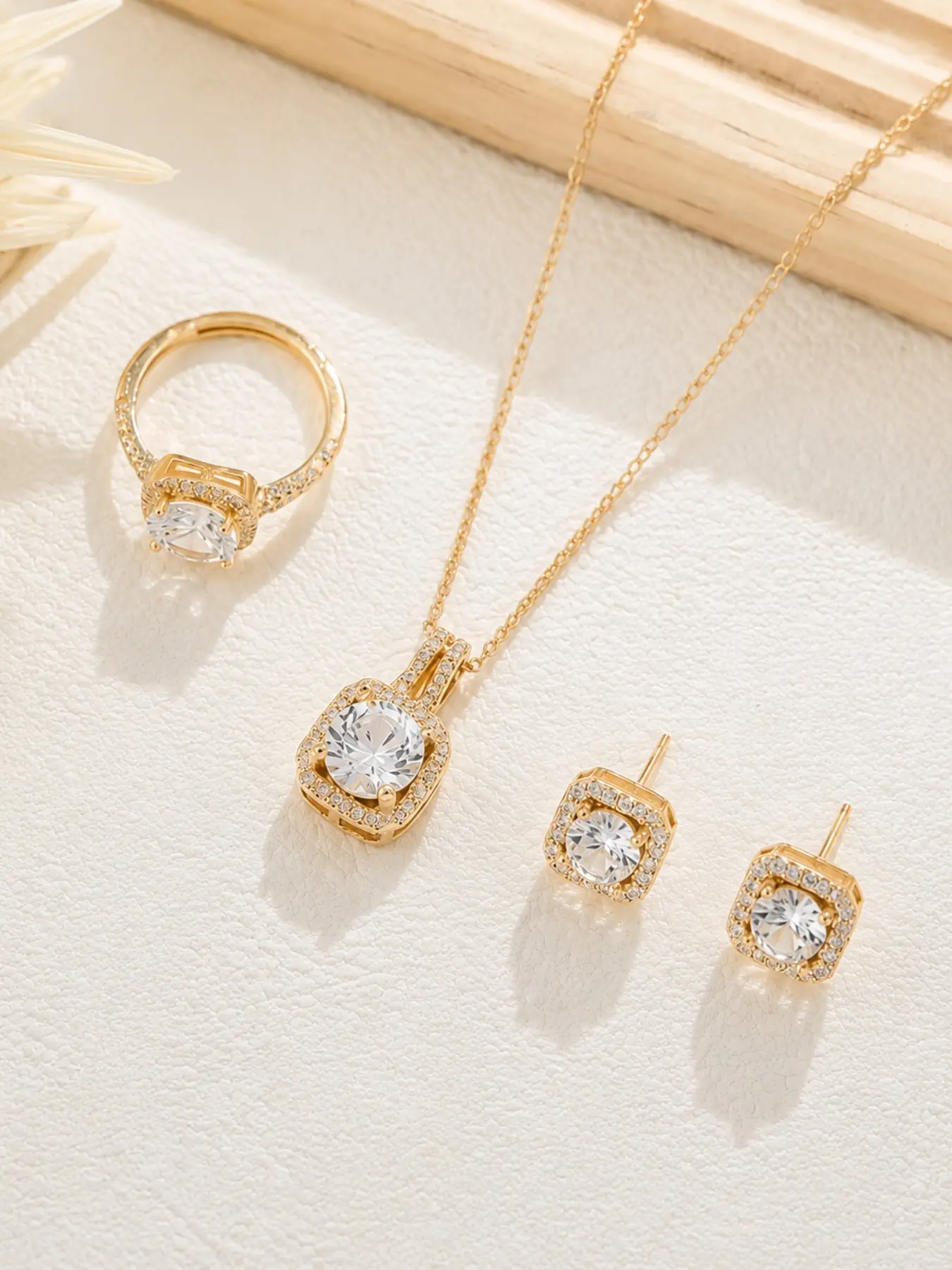 3PCS Luxury Cubic Zirconia Jewelry Set Necklace Ring Earrings, Elegant Square Cut Crystal Pendant & Matching Stud Earrings & Ring, Gold Silver Plated Minimal Luxury Design, Sparkling AAA CZ Stone, For Women Girls Wedding Party Gift Daily Wear Fashion Set!
