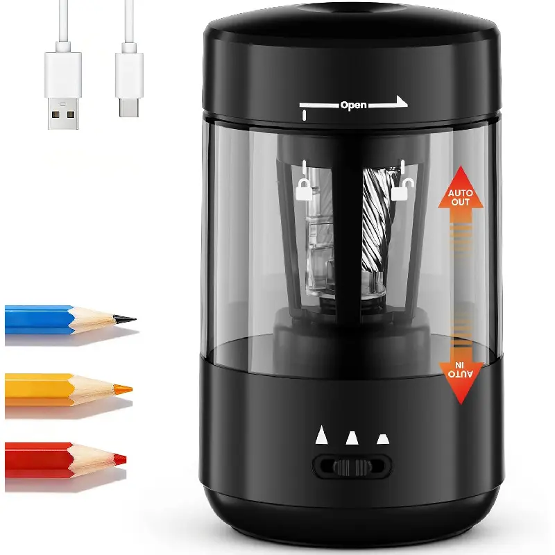 Electric Pencil Sharpener for Classroom, Fully Automatic, Black| Type-C Rechargeable, Auto In/Out, 2000mAh Built-in Battery, Fast Sharpen, For 6-8mm No.2&Colored Pencils, Home, School Office