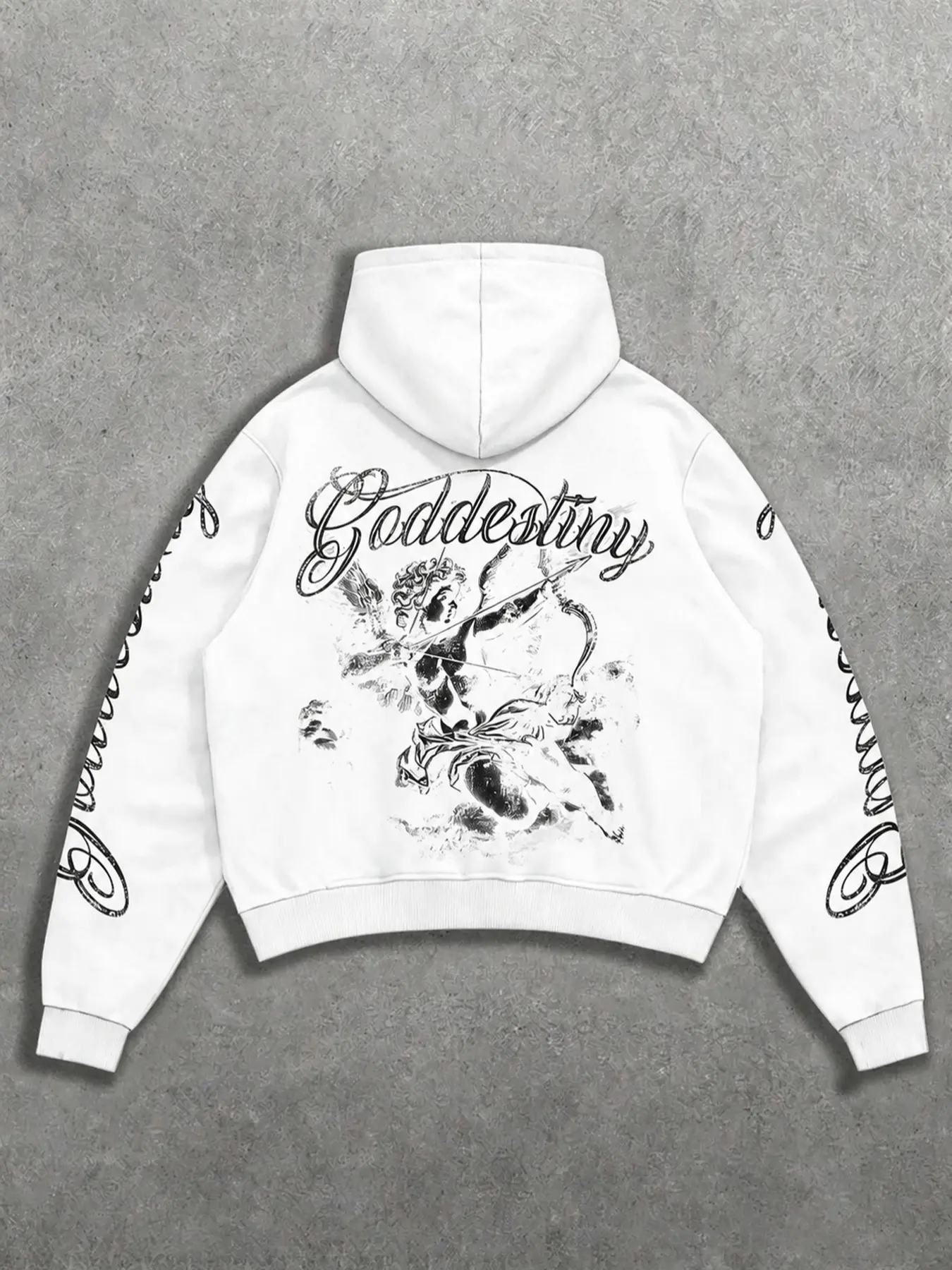 Vintage Renaissance Dark Angel Cupid Graphic Cropped Hoodie Sweatshirts For Men Oversized Drop Shoulder Black Soft Cozy Fleece Full Sleeve Cursive Script Print Grunge Underground Urban Streetwear, Dark Romance Hoodie, Casual All Season Daily Outfit