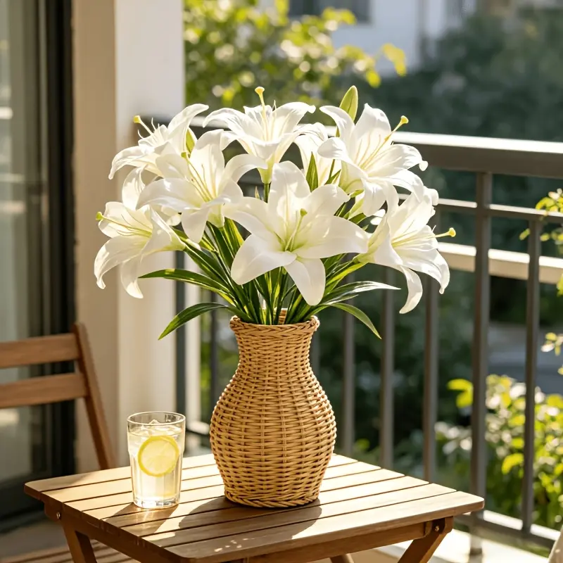 14 Pcs Artificial Lily Bouquet, Plastic Fake Flowers With Buds, No Maintenance, Perfect for Wedding Table Centerpiece, Home & Office Decor, Ideal for Mother's Day, Valentine's Day, Christmas, Tabletop Decoration, Vase Not Included