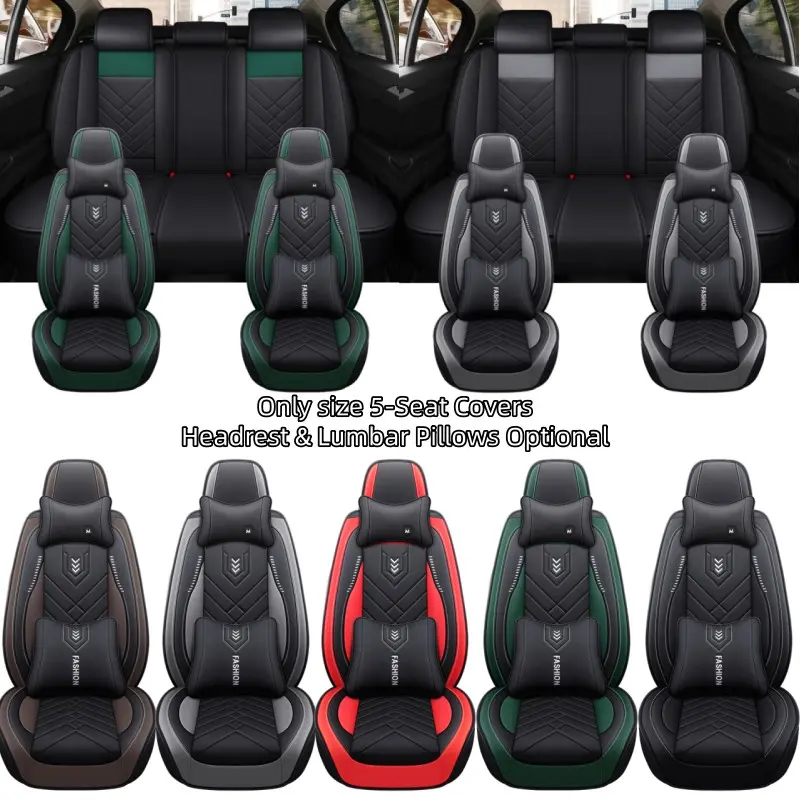 Universal 5-Seat Car Seat Covers, Car Seat Protectors, Artificial Leather, Compatible with Airbags, Optional Headrests & Lumbar Pillows, Fits Most Cars & Suvs