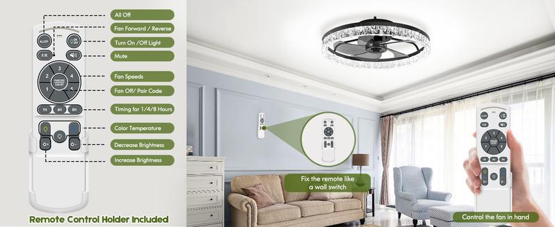 Ceiling Fans with Lights and Remote, 20'' Low Profile Ceiling Fans, 3000K-6500K Dimmable Modern Flush Mount LED Ceiling Fan, 6 Wind Speeds, Fandelier Ceiling Fan with Lights for Bedroom