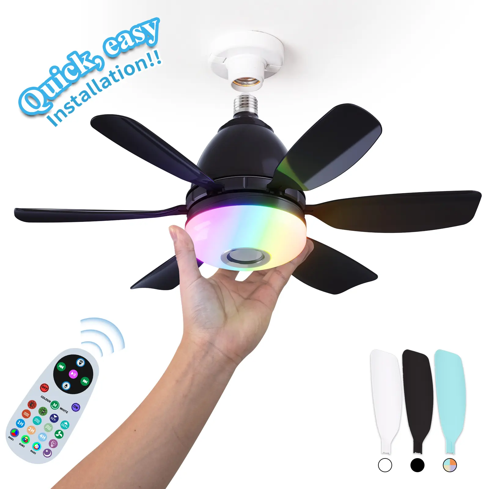 Smart RGB Rainbow Music Rhythm Speaker ，LED Ceiling Fan with Light- Remote Control,3-Speed,  3000-6500k Dimmable, Timing, Socket Fan Light Perfect for Kitchen & Bedroom, Best for Party