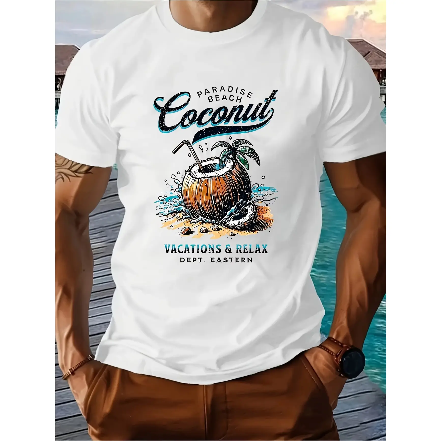 Men's Oversized Breathable Loose Shortsleeve Cotton T-Shirt - Paradise Beach Coconut Vacation Graphic Top, Tropical Summer Fashion Outfit, Perfect Beach Holiday Gift For Travel Lovers (Menswear Tops), Round Neck