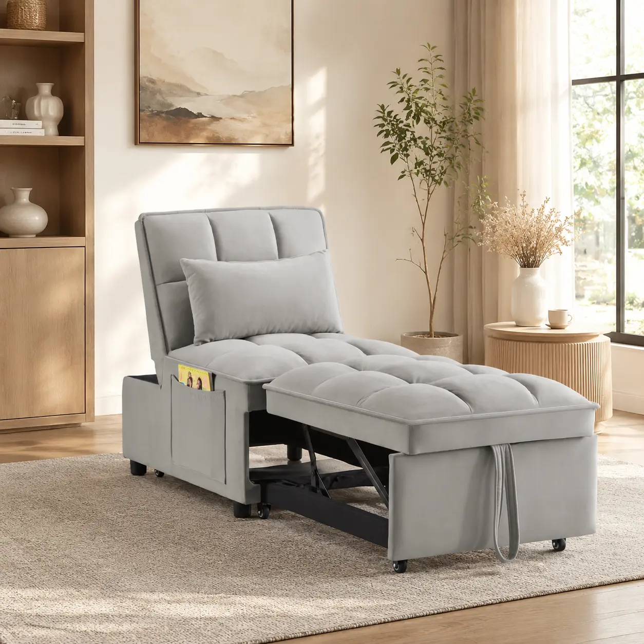 Littleox 4 in1 Multi-Function Single Sofa Bed with Storage Pockets,Tufted Single Pull-out Sofa Bed with Adjustable Backrest and Pillows