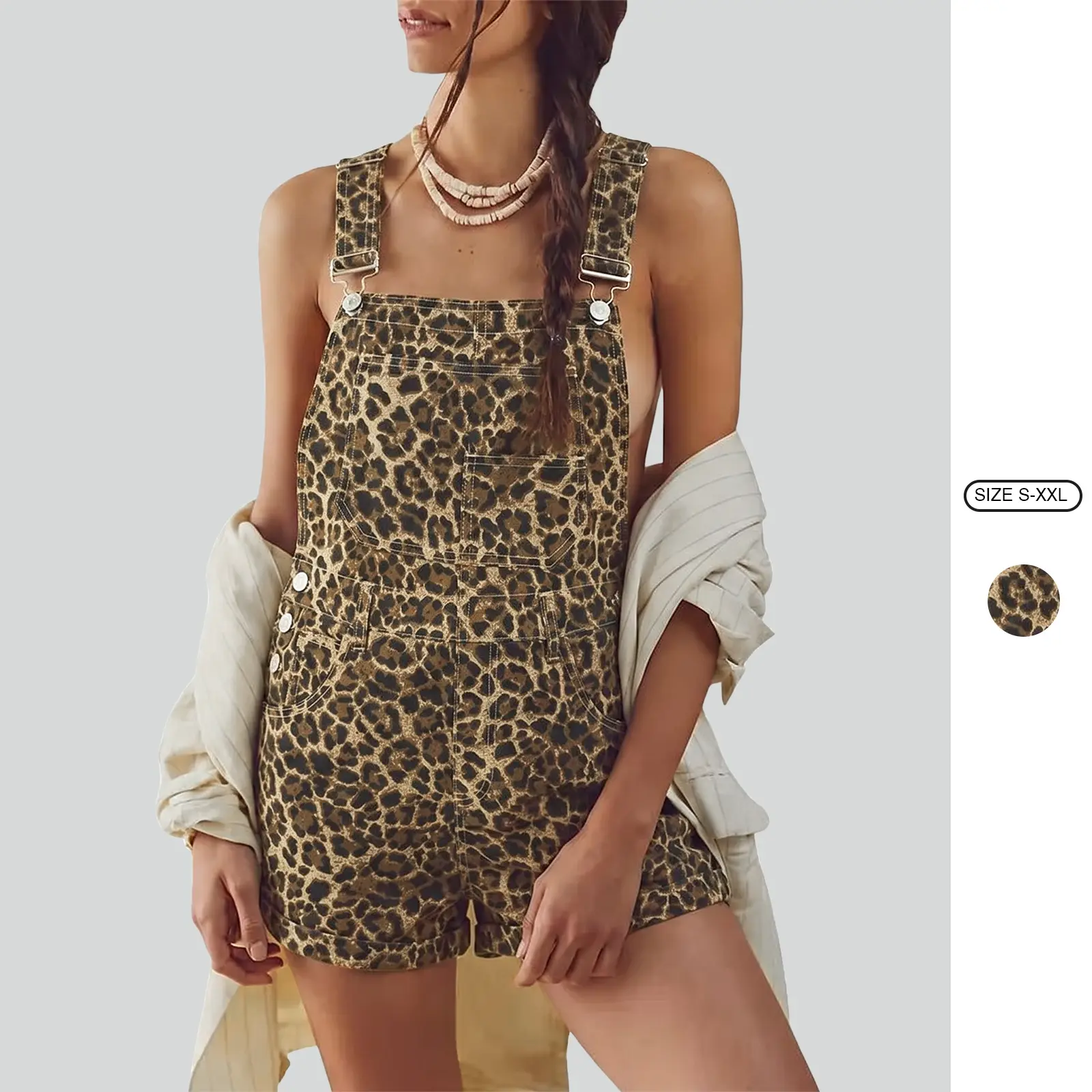 Imily Bela Womenswear Basic Overalls Shorts Denim Leopard print Bib Straps Shorts Casual Solid Color Minimalist Rompers Jumpsuits With Pockets Pants