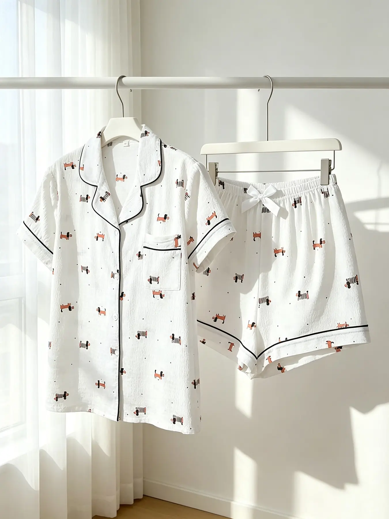 Women's Button-Down Short Sleeve Top & Shorts Pajama Set, Pjs, Pyjamas, Cream Base Dachshund Dog Polka Dot Print, Black Piping, Bow Detail, Spring Summer Wear, Loose Slim Fit, Sweet Girly Loungewear
